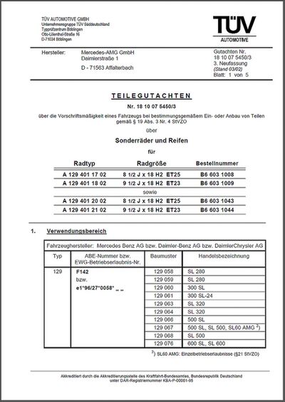 Erste Seite eines AMG-Teilegutachtens
